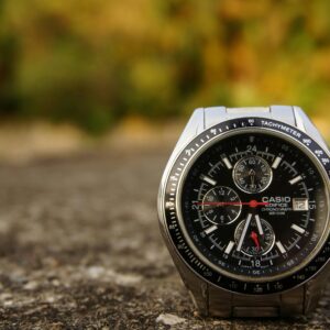 Detailed macro shot of a Casio Edifice wristwatch with focus on chronograph dials.